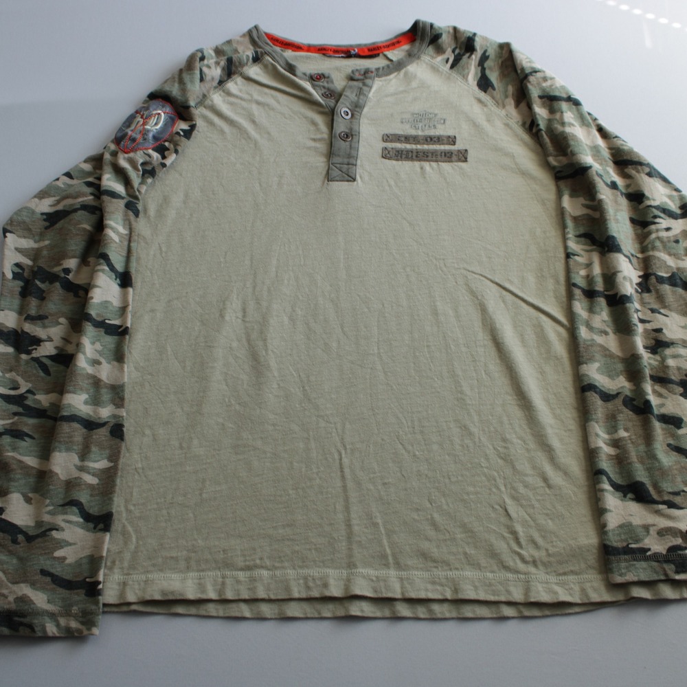 Harley Davidson Mens XL Camo Raglan Henley Long Sleeve Patchwork Streetwear Mil